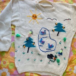 SOLD VTG 1980s Orange Trees & Bird Bath Sweater